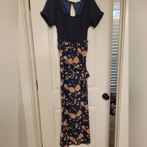 Navy on top, floral flowy bottom, belt detail, jumpsuit